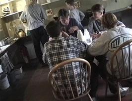 Supper in the cosy kitchen / dining room / common room at Bryn Poeth Uchaf youth hostel